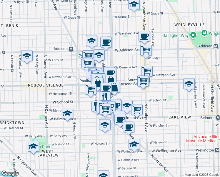 map of restaurants, bars, coffee shops, grocery stores, and more near 3348 North Ashland Avenue in Chicago