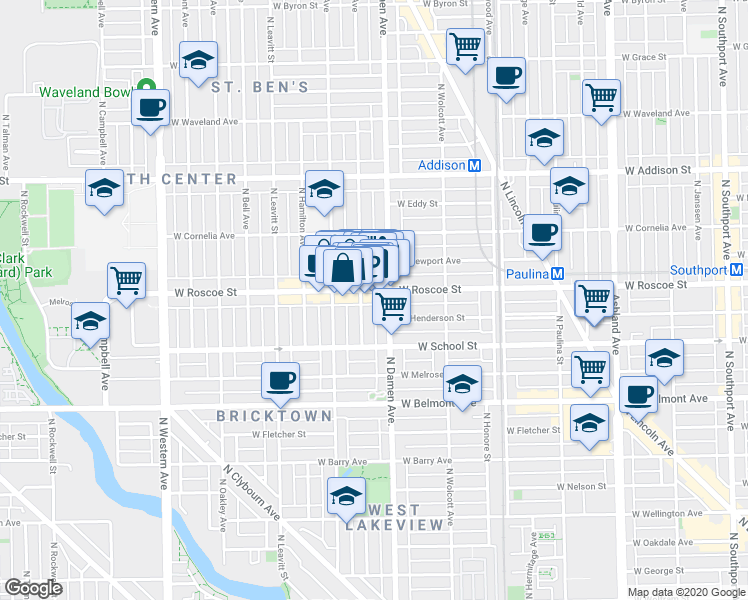 map of restaurants, bars, coffee shops, grocery stores, and more near 2025 West Roscoe Street in Chicago