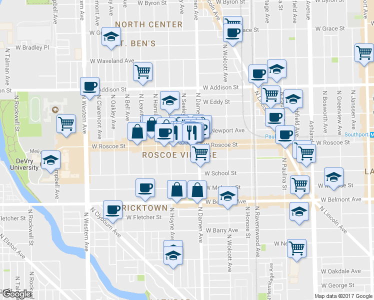 map of restaurants, bars, coffee shops, grocery stores, and more near 2025 West Roscoe Street in Chicago