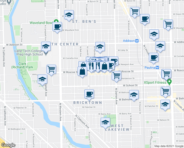 map of restaurants, bars, coffee shops, grocery stores, and more near 2139 West Roscoe Street in Chicago