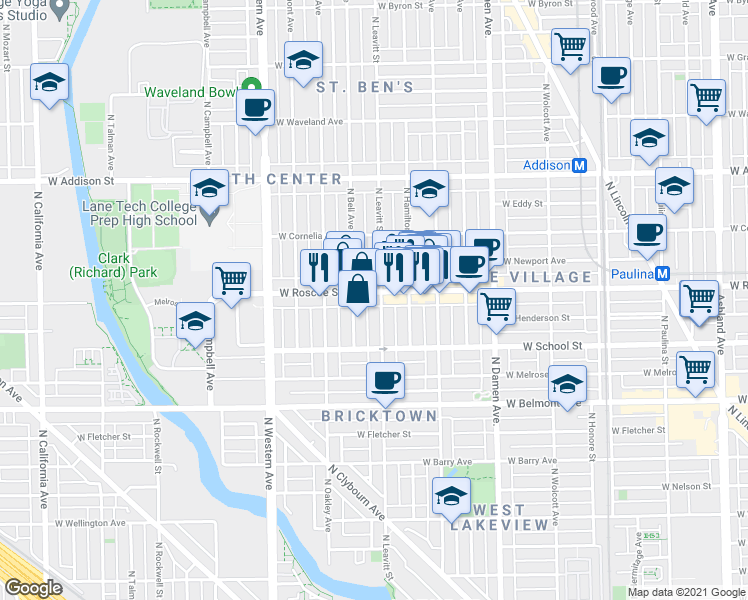 map of restaurants, bars, coffee shops, grocery stores, and more near 2215 West Roscoe Street in Chicago