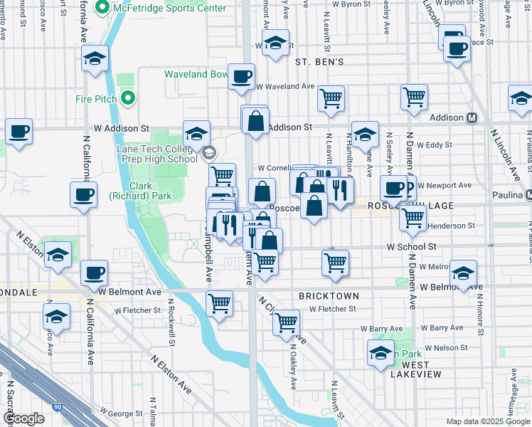 map of restaurants, bars, coffee shops, grocery stores, and more near 3356 North Claremont Avenue in Chicago