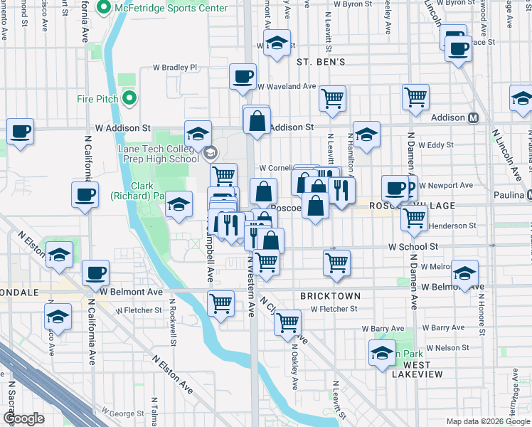 map of restaurants, bars, coffee shops, grocery stores, and more near 3356 North Claremont Avenue in Chicago