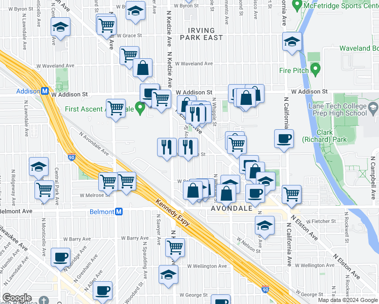 map of restaurants, bars, coffee shops, grocery stores, and more near 3407 North Troy Street in Chicago