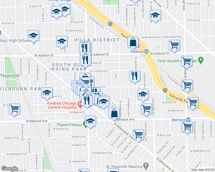 map of restaurants, bars, coffee shops, grocery stores, and more near 3403 North Springfield Avenue in Chicago