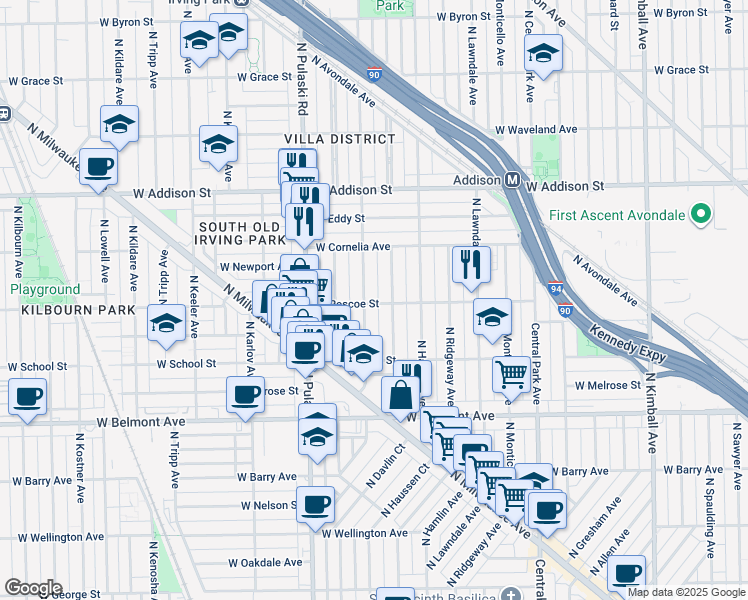 map of restaurants, bars, coffee shops, grocery stores, and more near 3403 North Springfield Avenue in Chicago