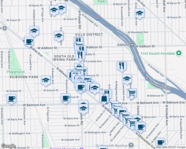 map of restaurants, bars, coffee shops, grocery stores, and more near 3403 North Springfield Avenue in Chicago