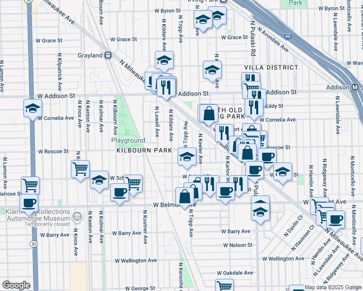 map of restaurants, bars, coffee shops, grocery stores, and more near 3412 North Tripp Avenue in Chicago