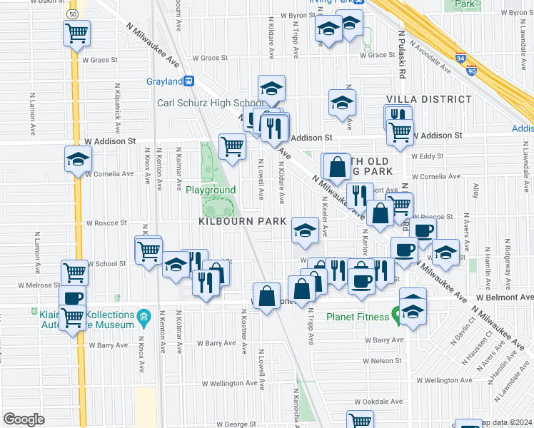 map of restaurants, bars, coffee shops, grocery stores, and more near 3410 North Kildare Avenue in Chicago