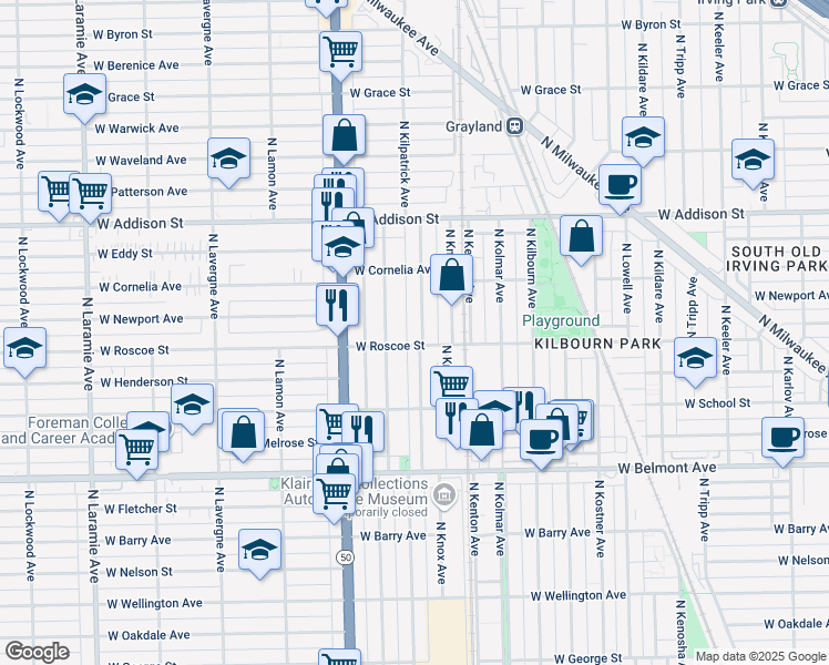 map of restaurants, bars, coffee shops, grocery stores, and more near 3414 North Kilpatrick Avenue in Chicago