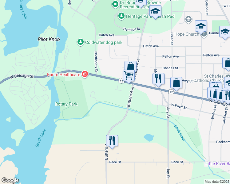 map of restaurants, bars, coffee shops, grocery stores, and more near 517 West Chicago Street in Coldwater