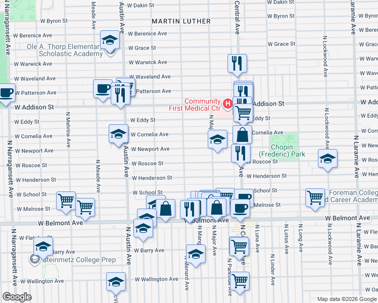 map of restaurants, bars, coffee shops, grocery stores, and more near 5751 West Newport Avenue in Chicago