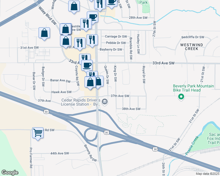 map of restaurants, bars, coffee shops, grocery stores, and more near 3527 Queen Drive Southwest in Cedar Rapids