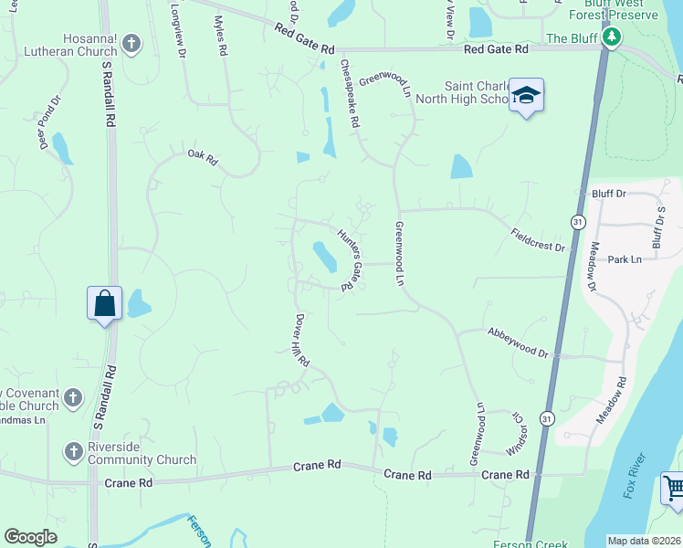 map of restaurants, bars, coffee shops, grocery stores, and more near 36W442 Hunters Gate Road in St. Charles