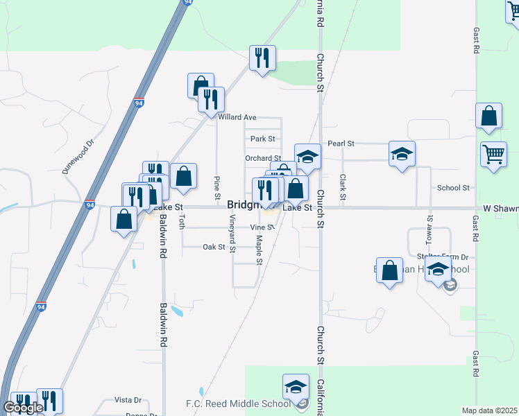 map of restaurants, bars, coffee shops, grocery stores, and more near 9565 Maple Street in Bridgman
