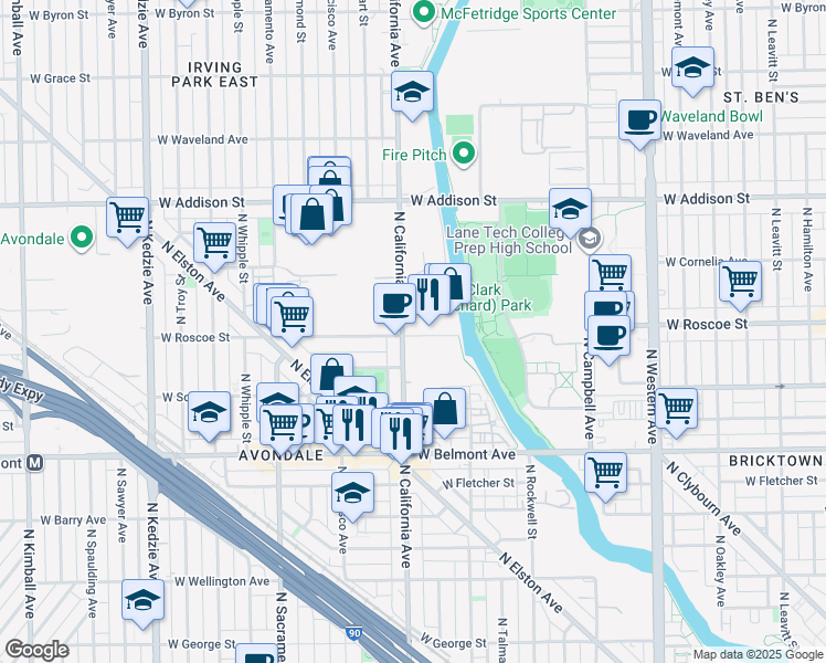 map of restaurants, bars, coffee shops, grocery stores, and more near 3367 North California Avenue in Chicago