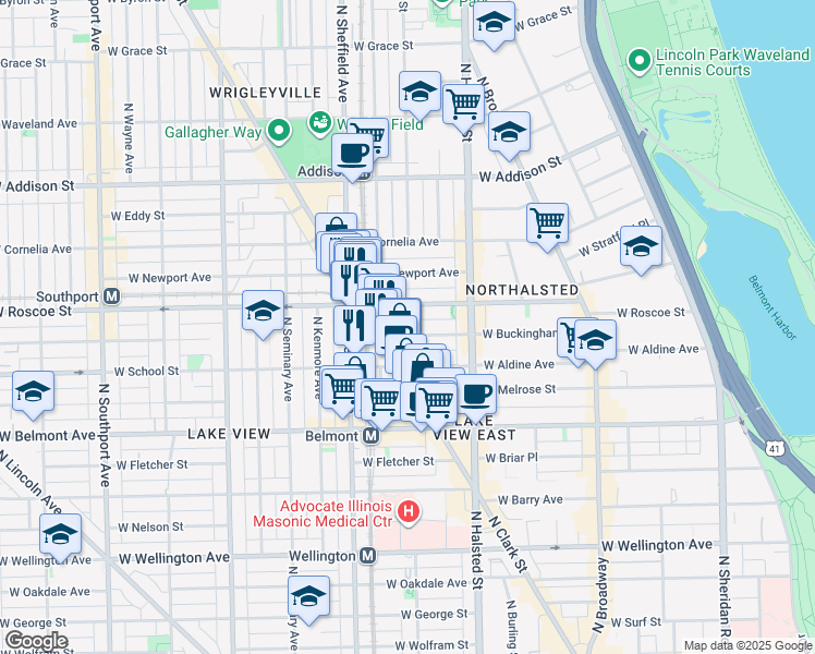map of restaurants, bars, coffee shops, grocery stores, and more near 864 West Buckingham Place in Chicago
