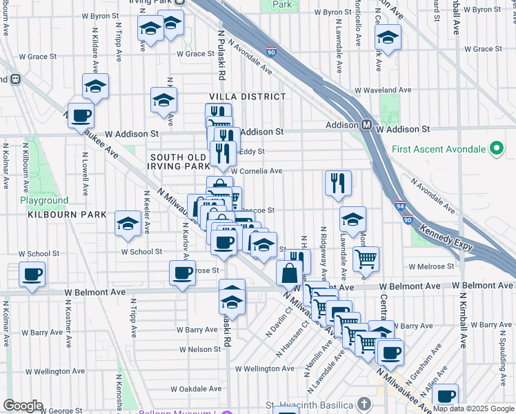 map of restaurants, bars, coffee shops, grocery stores, and more near 3403 North Springfield Avenue in Chicago