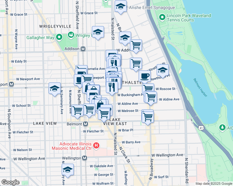 map of restaurants, bars, coffee shops, grocery stores, and more near 3337 North Halsted Street in Chicago