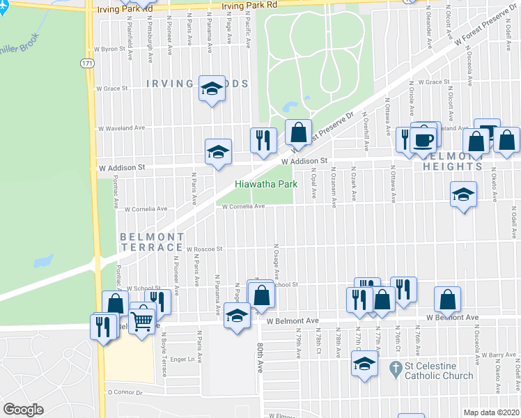 map of restaurants, bars, coffee shops, grocery stores, and more near 3461 North Pacific Avenue in Chicago