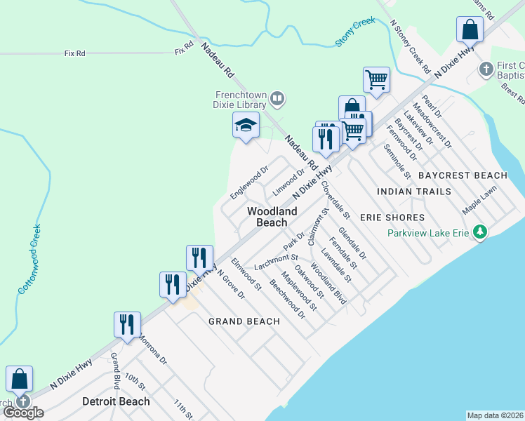map of restaurants, bars, coffee shops, grocery stores, and more near in Woodland Beach