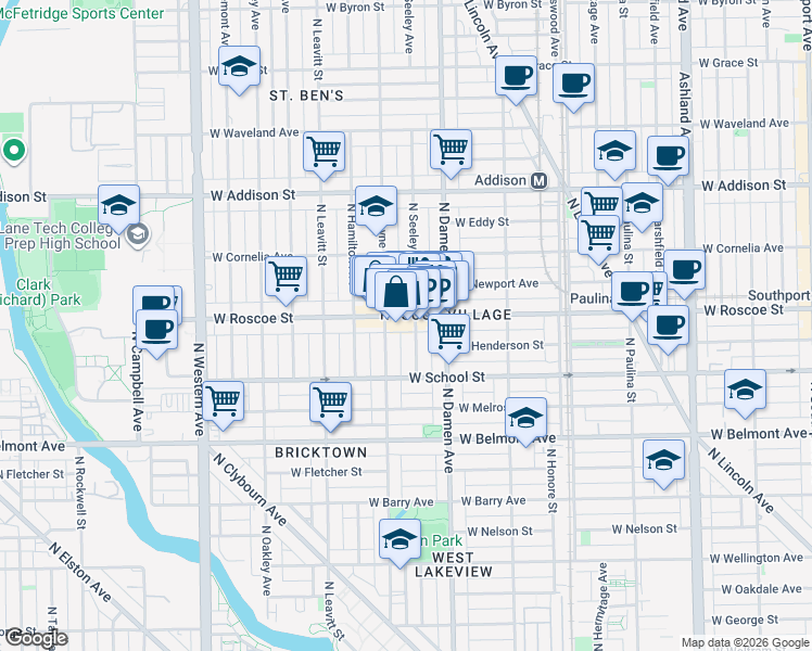 map of restaurants, bars, coffee shops, grocery stores, and more near 2025 West Roscoe Street in Chicago