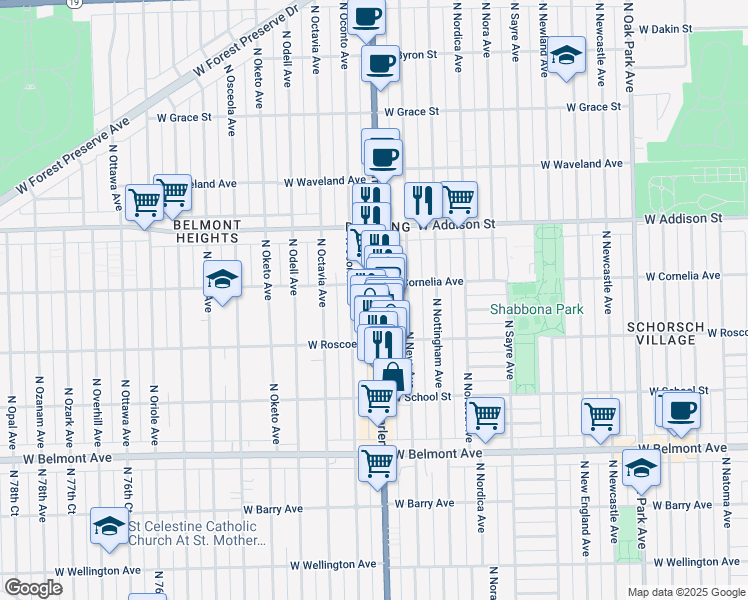 map of restaurants, bars, coffee shops, grocery stores, and more near 3446 Illinois 43 in Chicago