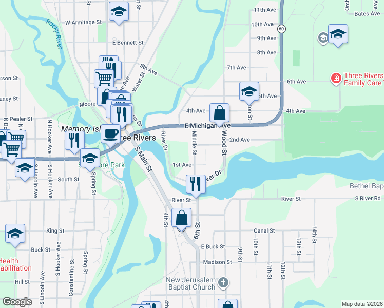 map of restaurants, bars, coffee shops, grocery stores, and more near 218 Middle Street in Three Rivers