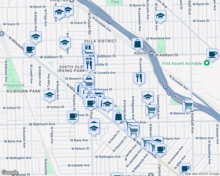 map of restaurants, bars, coffee shops, grocery stores, and more near 3403 North Springfield Avenue in Chicago
