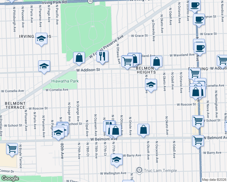 map of restaurants, bars, coffee shops, grocery stores, and more near 3455 North Overhill Avenue in Chicago