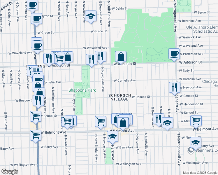 map of restaurants, bars, coffee shops, grocery stores, and more near 3434 North Oak Park Avenue in Chicago