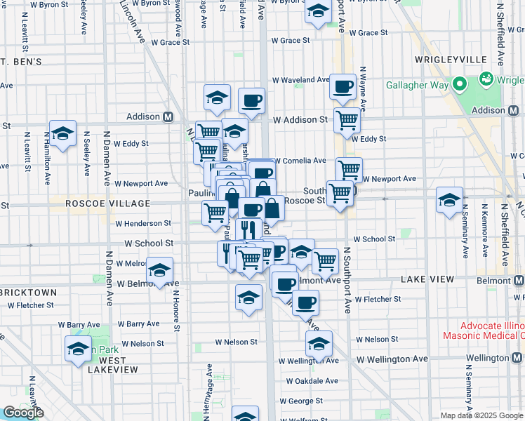 map of restaurants, bars, coffee shops, grocery stores, and more near 3348 North Ashland Avenue in Chicago