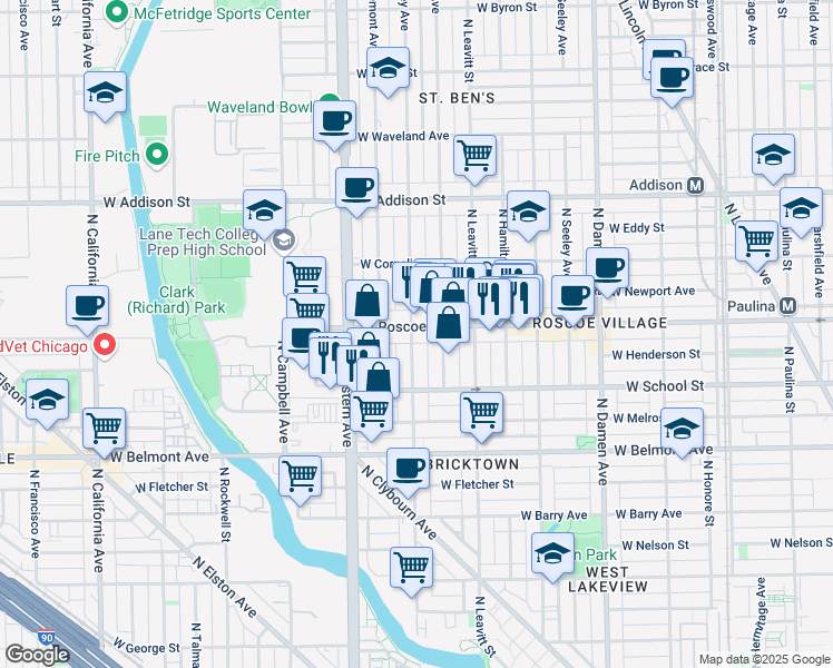 map of restaurants, bars, coffee shops, grocery stores, and more near 2255 West Roscoe Street in Chicago