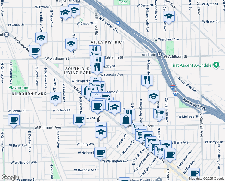 map of restaurants, bars, coffee shops, grocery stores, and more near 3400 North Springfield Avenue in Chicago