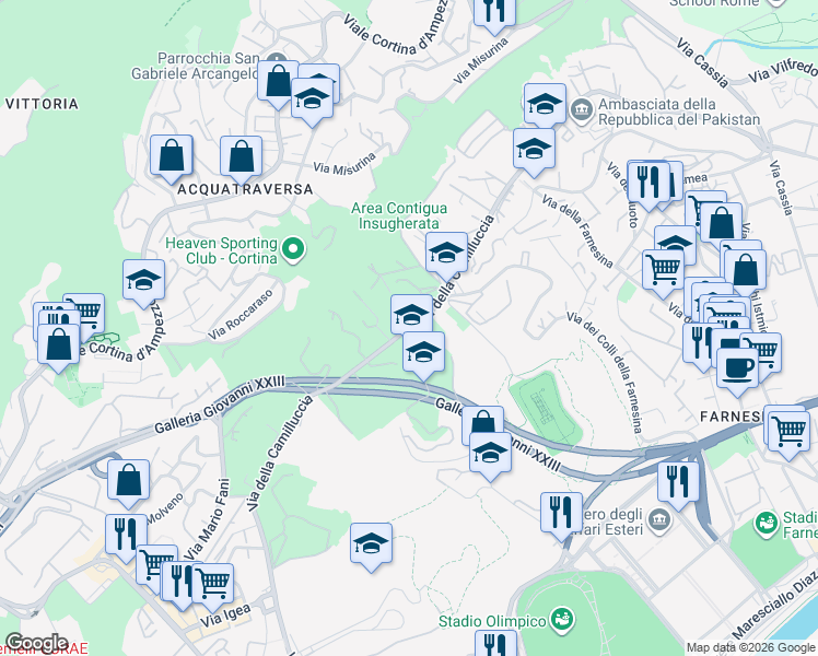 map of restaurants, bars, coffee shops, grocery stores, and more near 555 Via della Camilluccia in Roma