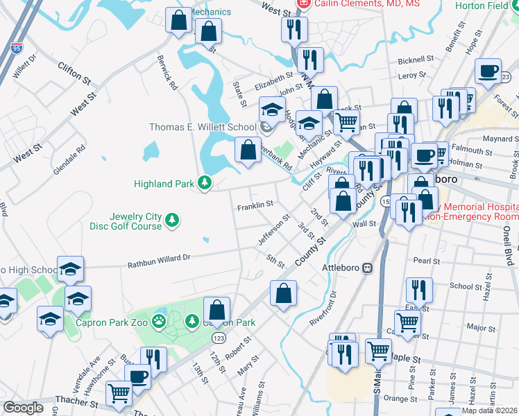 map of restaurants, bars, coffee shops, grocery stores, and more near 51 East 4th Street in Attleboro