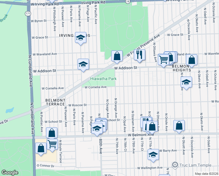 map of restaurants, bars, coffee shops, grocery stores, and more near 3461 North Osage Avenue in Chicago