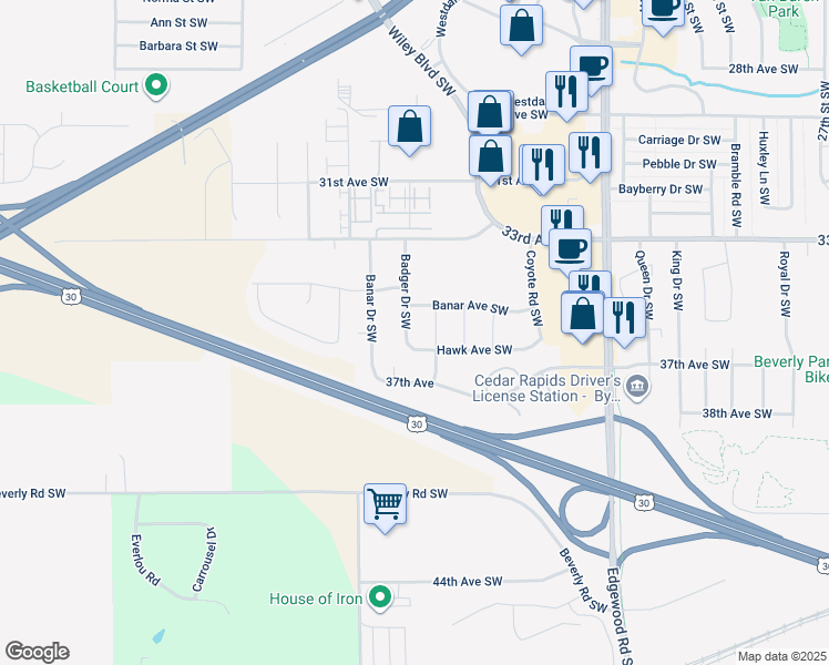 map of restaurants, bars, coffee shops, grocery stores, and more near 3609 Badger Dr SW in Cedar Rapids