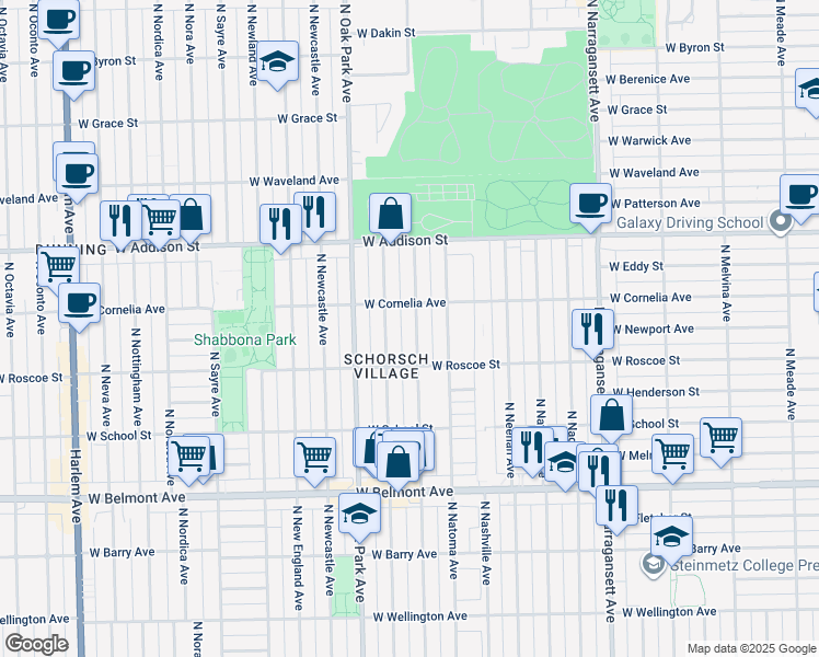 map of restaurants, bars, coffee shops, grocery stores, and more near 3436 North Normandy Avenue in Chicago