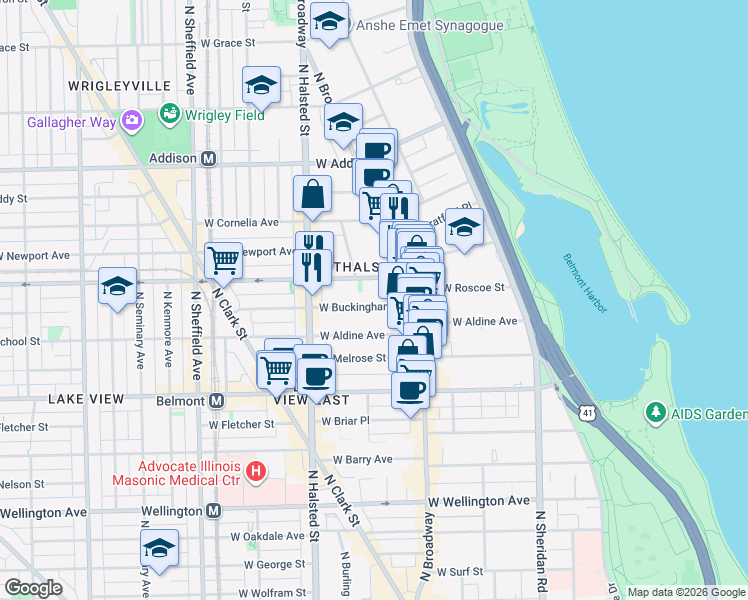 map of restaurants, bars, coffee shops, grocery stores, and more near 650 West Buckingham Place in Chicago