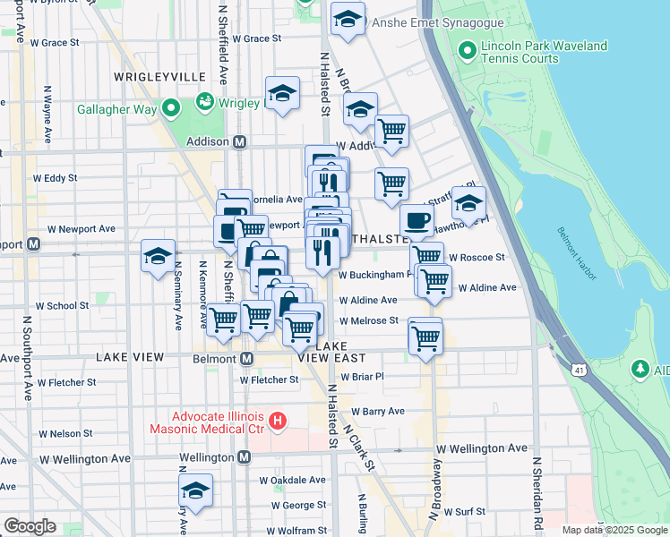map of restaurants, bars, coffee shops, grocery stores, and more near 3341 North Halsted Street in Chicago