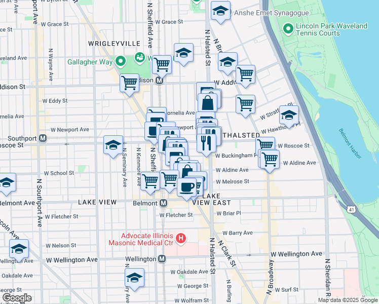 map of restaurants, bars, coffee shops, grocery stores, and more near 844 West Buckingham Place in Chicago