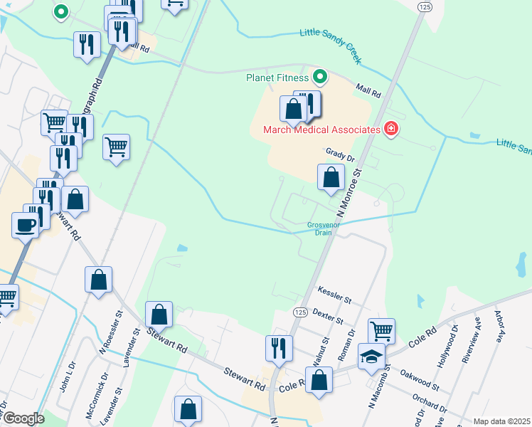 map of restaurants, bars, coffee shops, grocery stores, and more near 1835 Winding Meadows Drive in Monroe