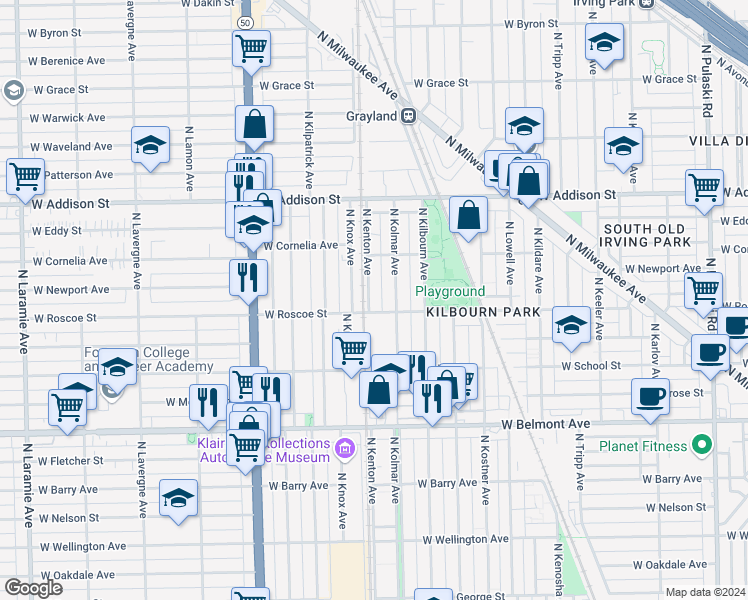 map of restaurants, bars, coffee shops, grocery stores, and more near 3411 North Kenton Avenue in Chicago