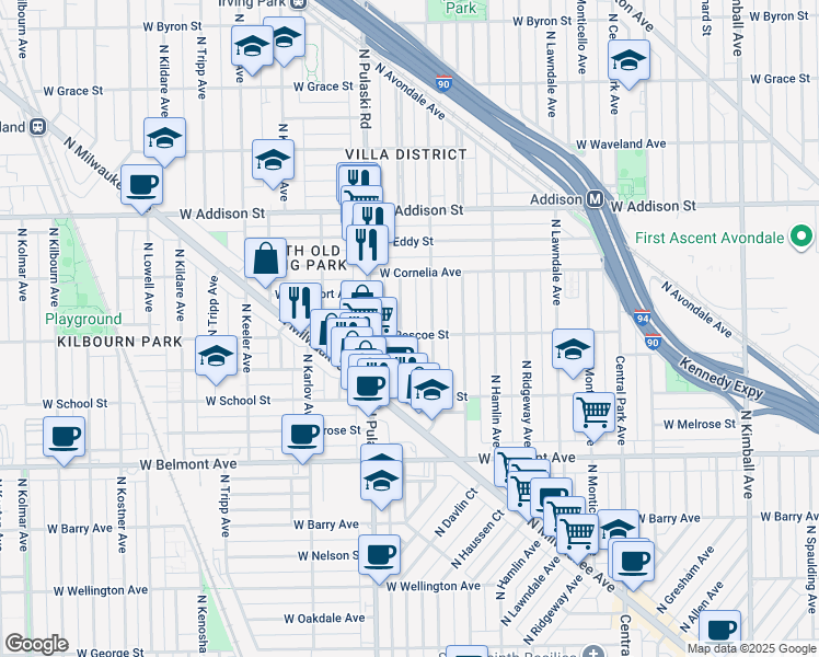 map of restaurants, bars, coffee shops, grocery stores, and more near 3405 North Harding Avenue in Chicago