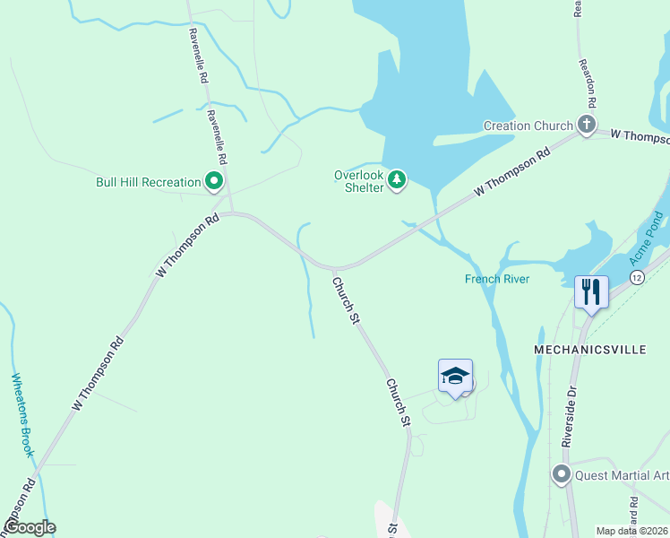 map of restaurants, bars, coffee shops, grocery stores, and more near West Thompson Road in Thompson