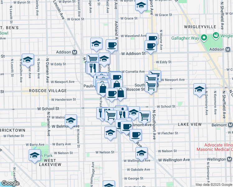 map of restaurants, bars, coffee shops, grocery stores, and more near 3348 North Ashland Avenue in Chicago