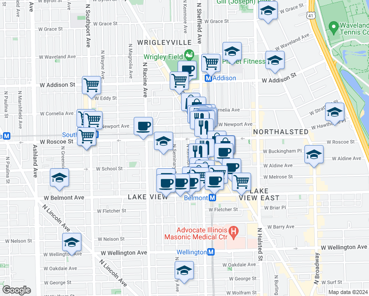 map of restaurants, bars, coffee shops, grocery stores, and more near 3340 North Kenmore Avenue in Chicago