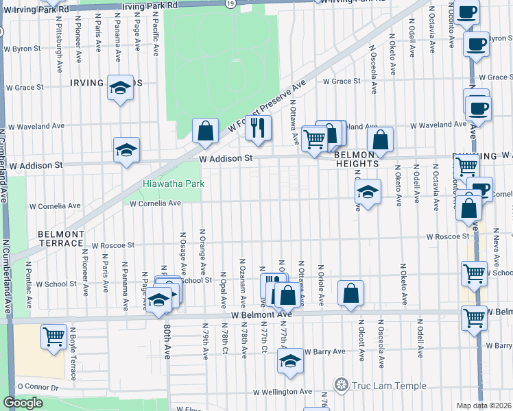 map of restaurants, bars, coffee shops, grocery stores, and more near 3456 North Ozark Avenue in Chicago