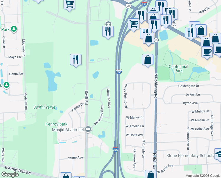 map of restaurants, bars, coffee shops, grocery stores, and more near 821 Tamarac Boulevard in Addison